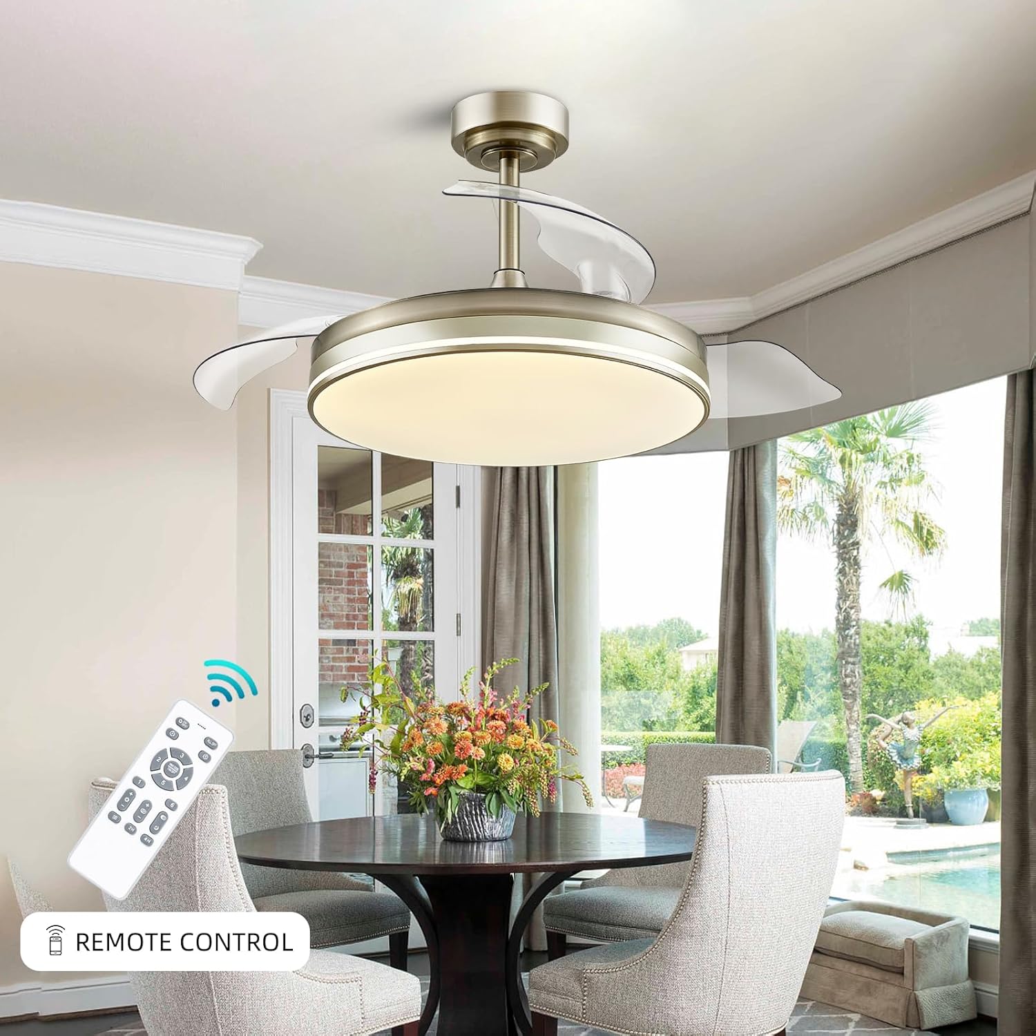 Ventiladores de techo de 42 pulgadas con luces con control remoto regulable con motor reversible y 3 cuchillas retráctiles 300040006000K (bronce)
