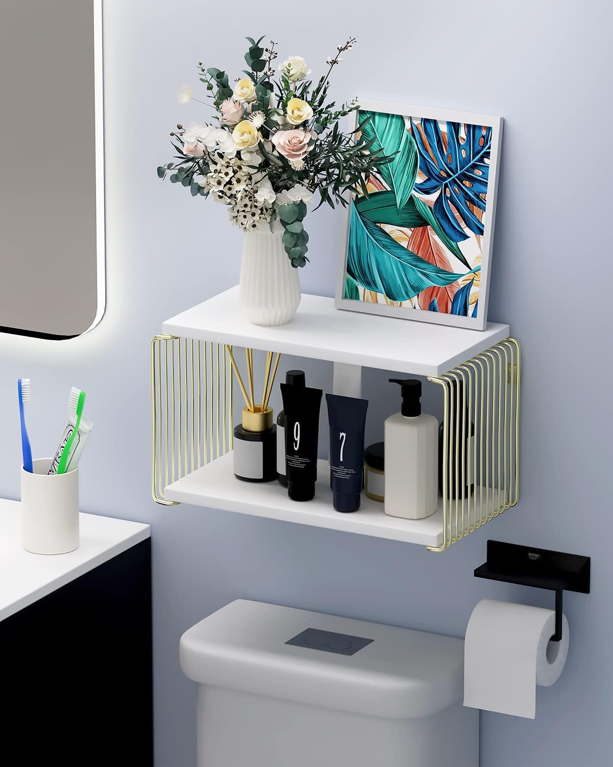 Juego de 2 mesitas de noche flotantes, mesitas de noche montadas en la pared blanca y dorada, pequeños estantes de pared para dormitorio, mesa