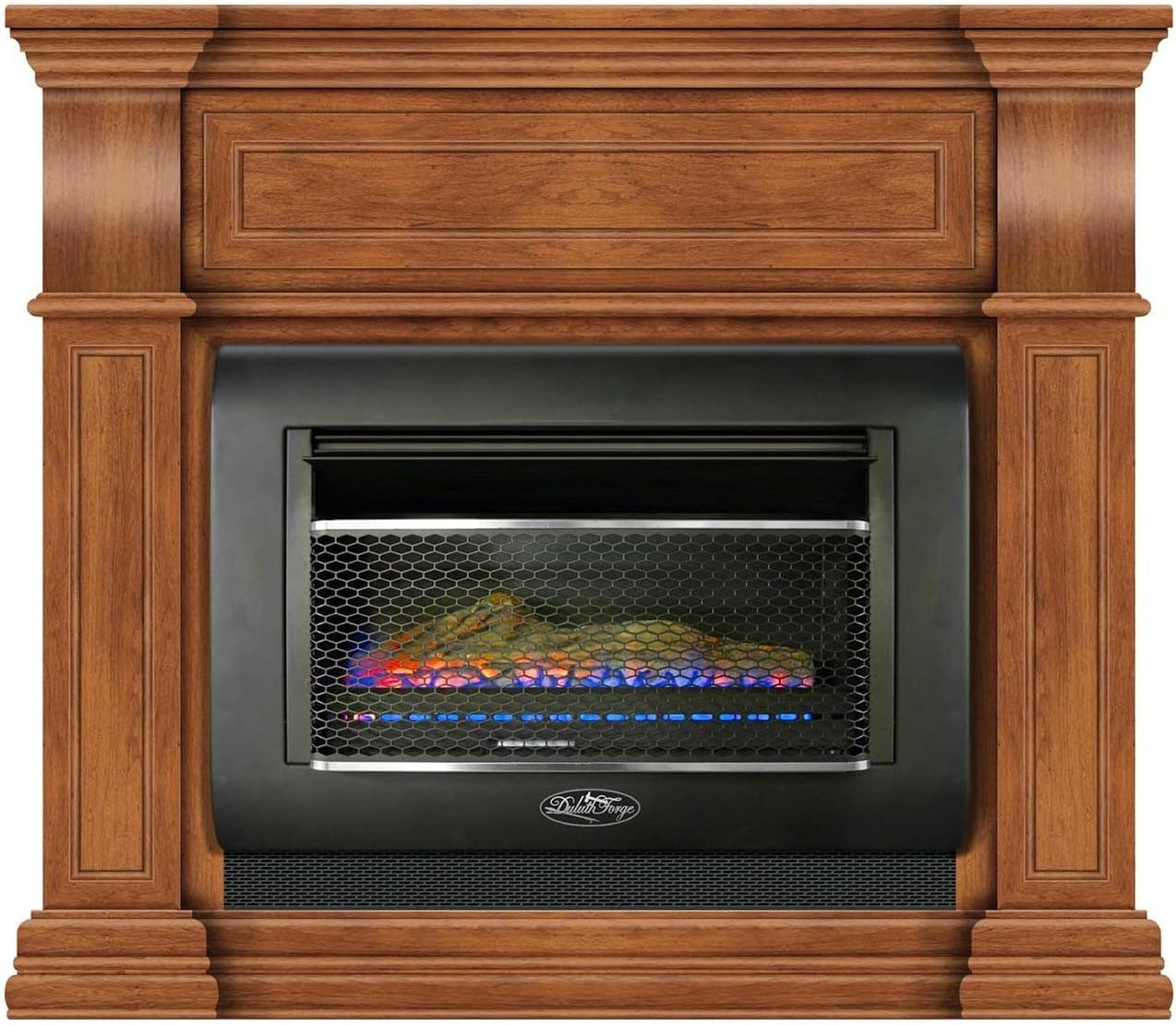Duluth Forge Sistema de chimenea de gas sin ventilación de combustible dual con manto, control de termostato, 1 troncos de fuego, uso con gas