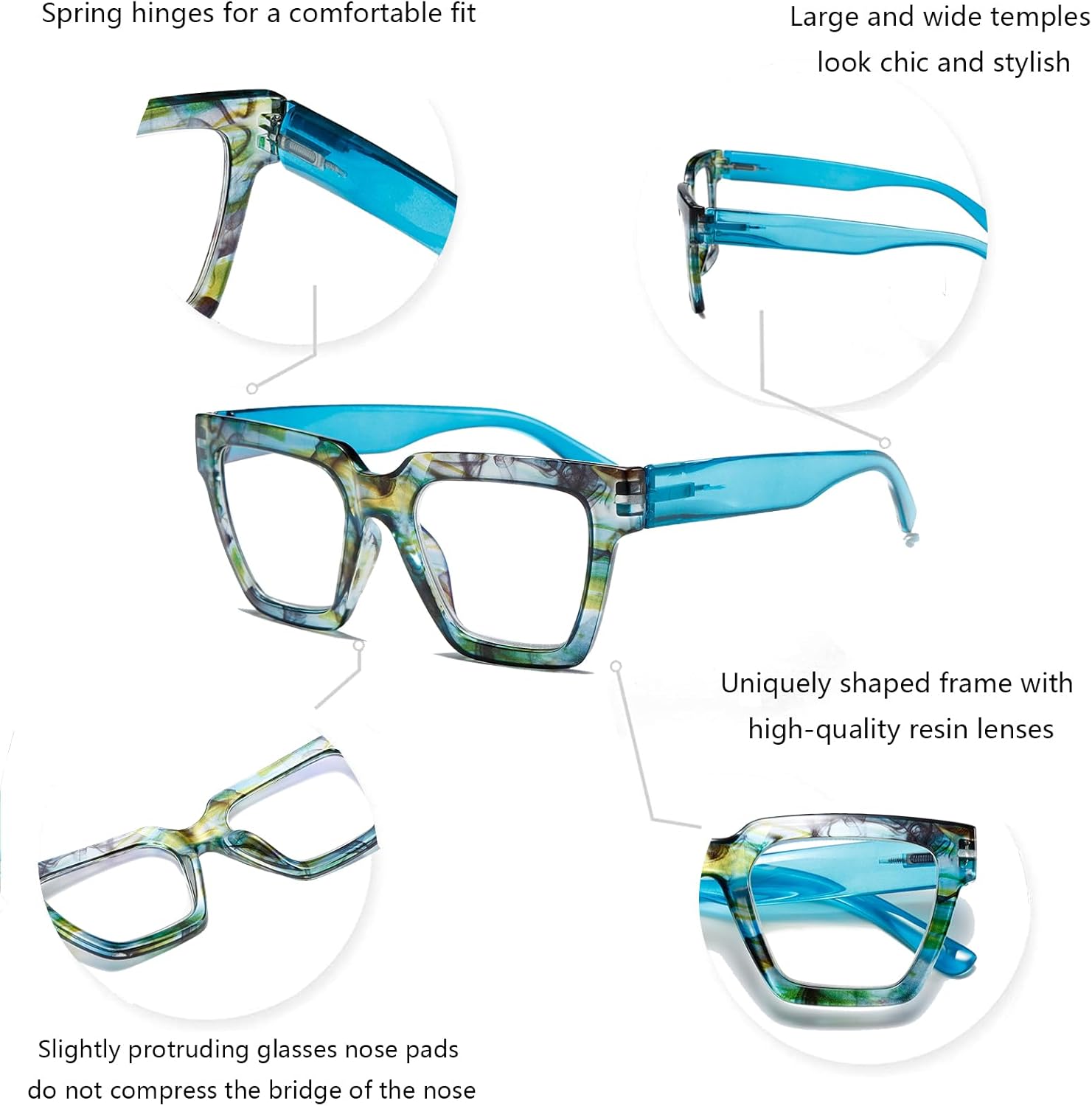 Hubeye 2 pares de anteojos de lectura cuadrados para mujer con bisagras de resorte estilo Oprah +2.0