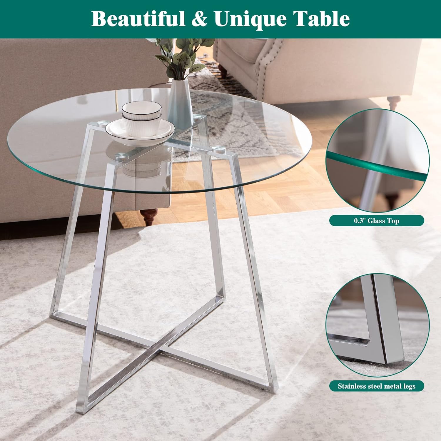 SICOTAS Mesa de comedor redonda de vidrio con patas cromadas, mesa de cocina moderna para 2 o 4 personas, mesa de comedor circular con base de metal
