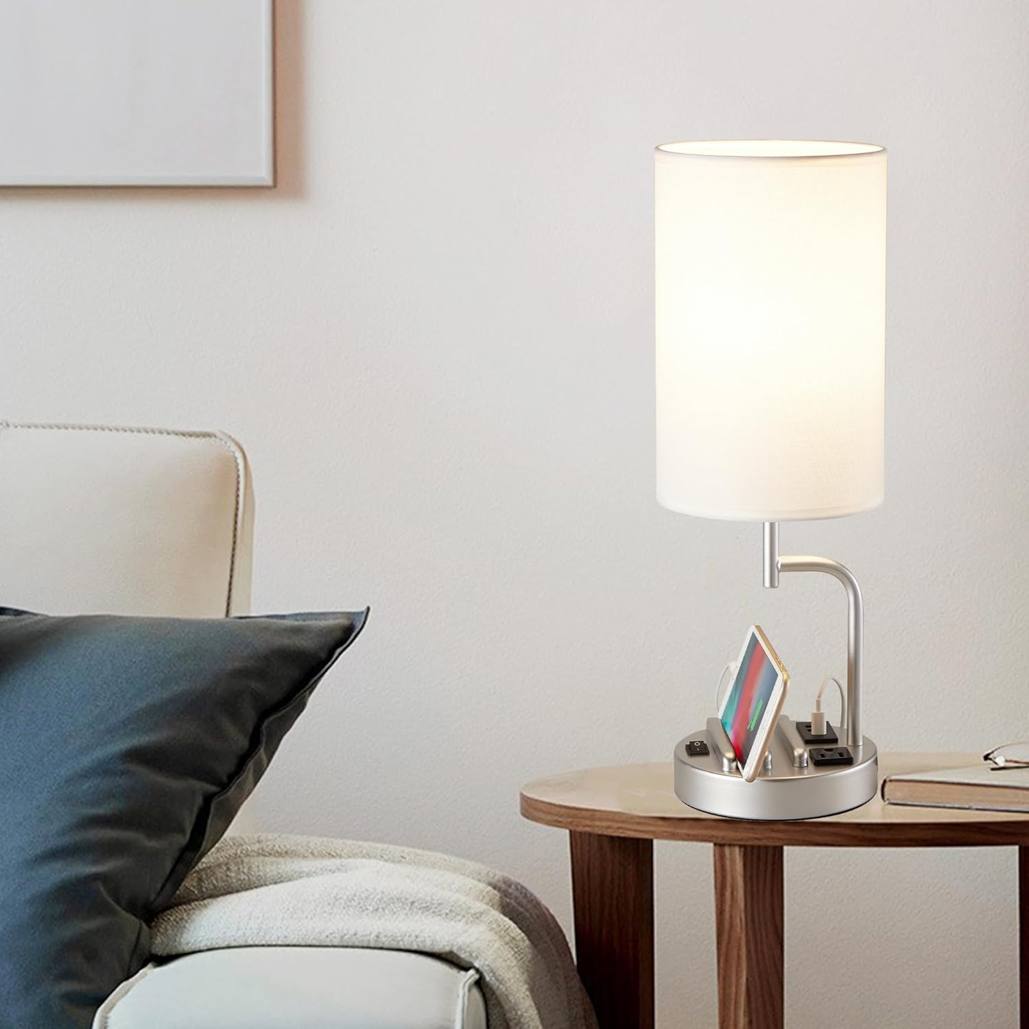 Dreamholder – 2lámparas de mesa con 3puertos de carga USB, moderna lámpara de escritorio con toma de corriente alterna y soportes para teléfono,