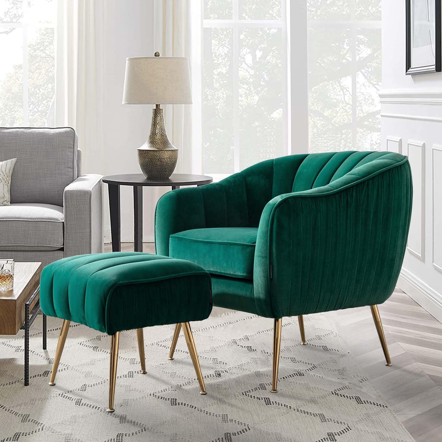 Silla decorativa de terciopelo con otomana, moderna silla de barril copetudo, juego otomano para sala de estar y dormitorio, acabado dorado, verde