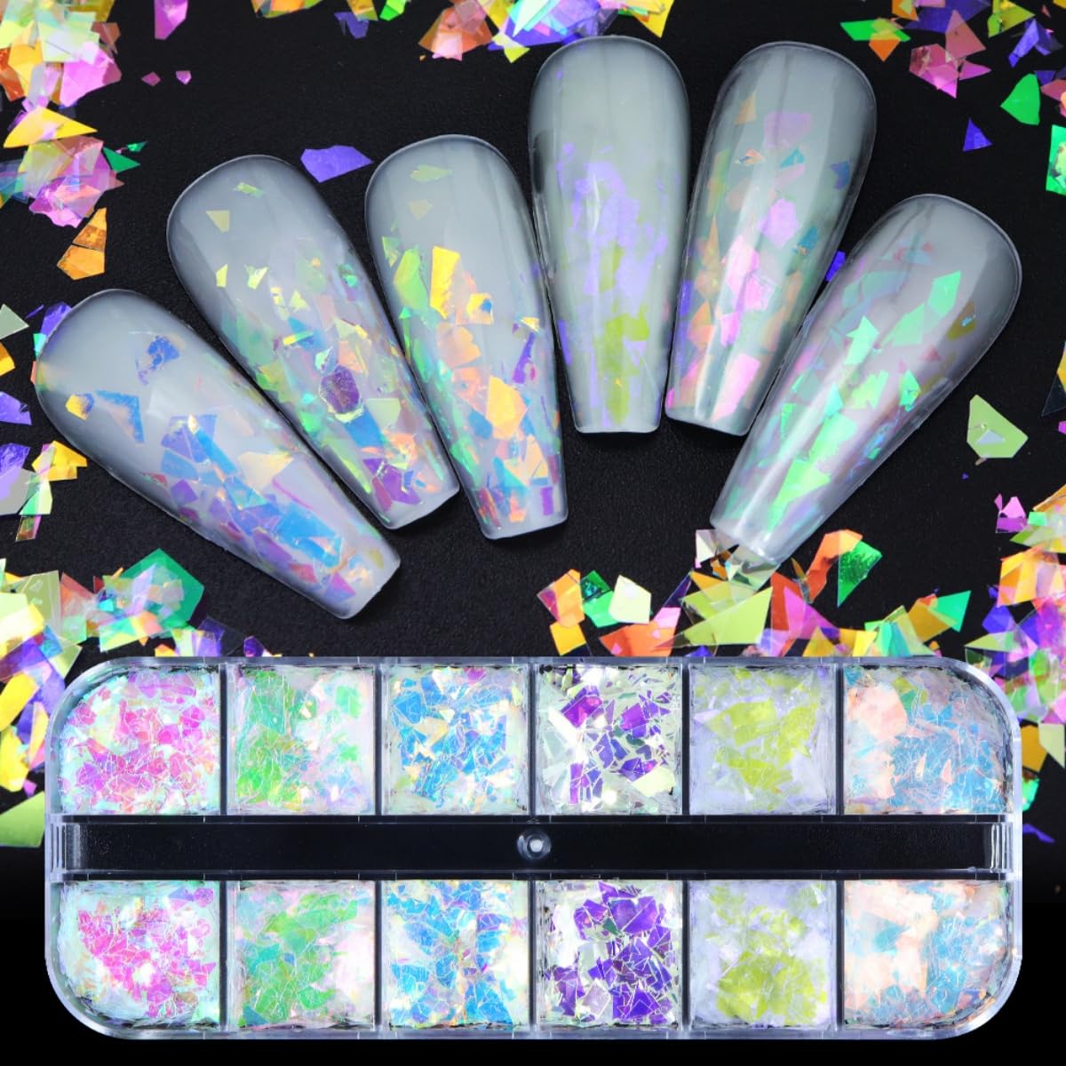 Decoración holográfica de sirena para uñas con lentejuelas iridiscentes con purpurina, 2 cajas brillantes de escoria de hielo brillante y