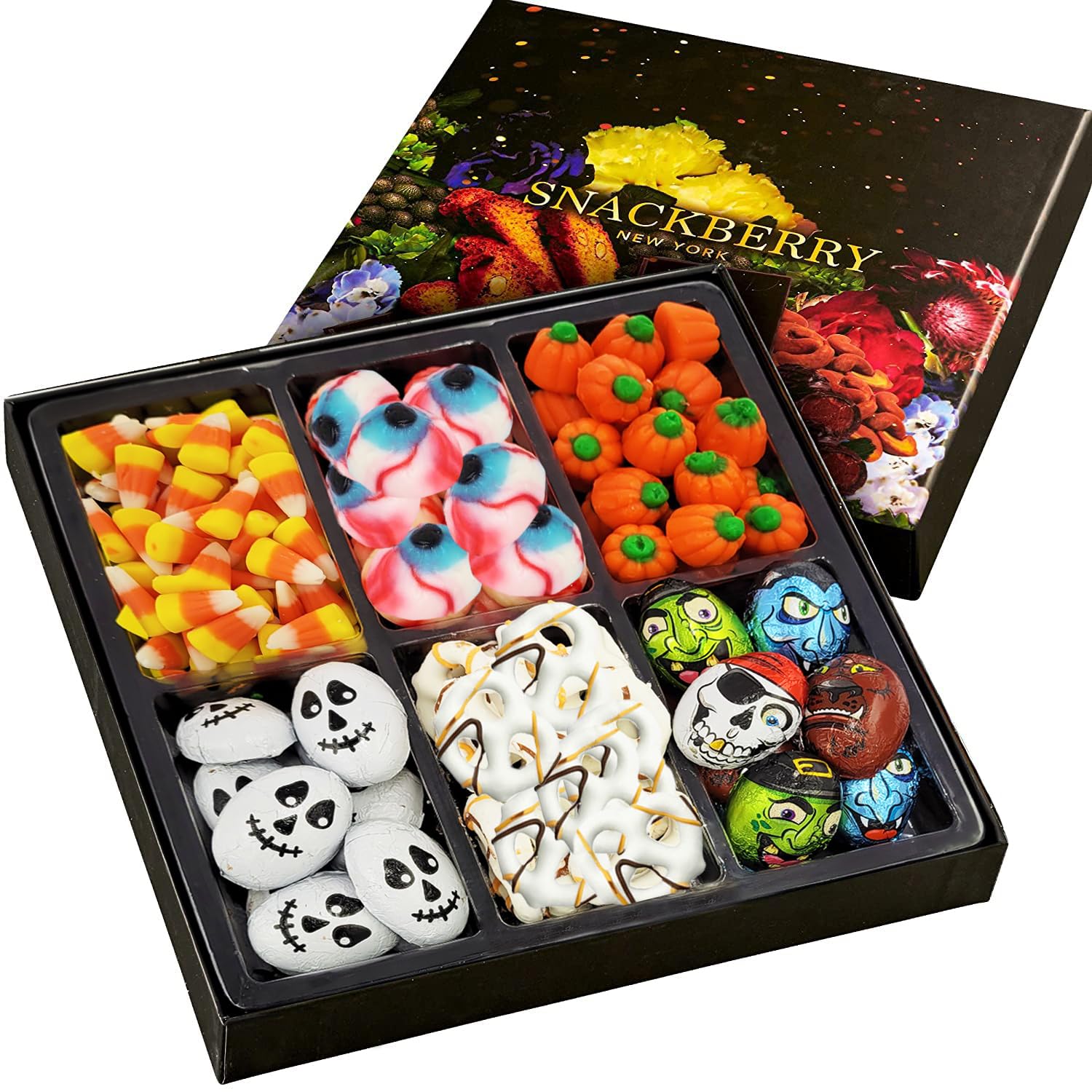 Snackberry – Caramelos de Halloween, chocolate, gomitas, cesta de regalo, maíz dulce, calaveras y monstruos de chocolate, globos oculares de gomita,