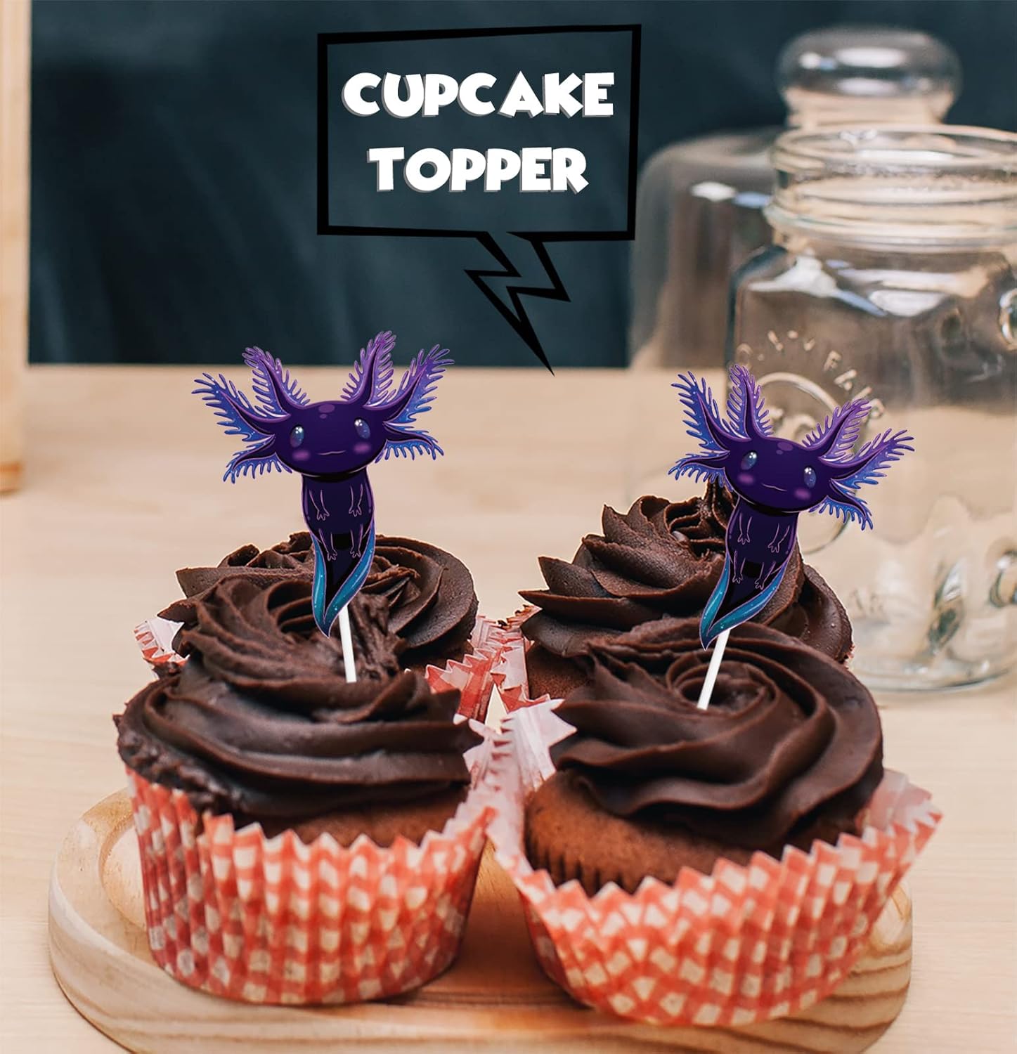 Decoración para cupcakes de postre de dibujos animados de ajolote con purpurina morada, lindo tema de animales, baby shower, niñas y niños,