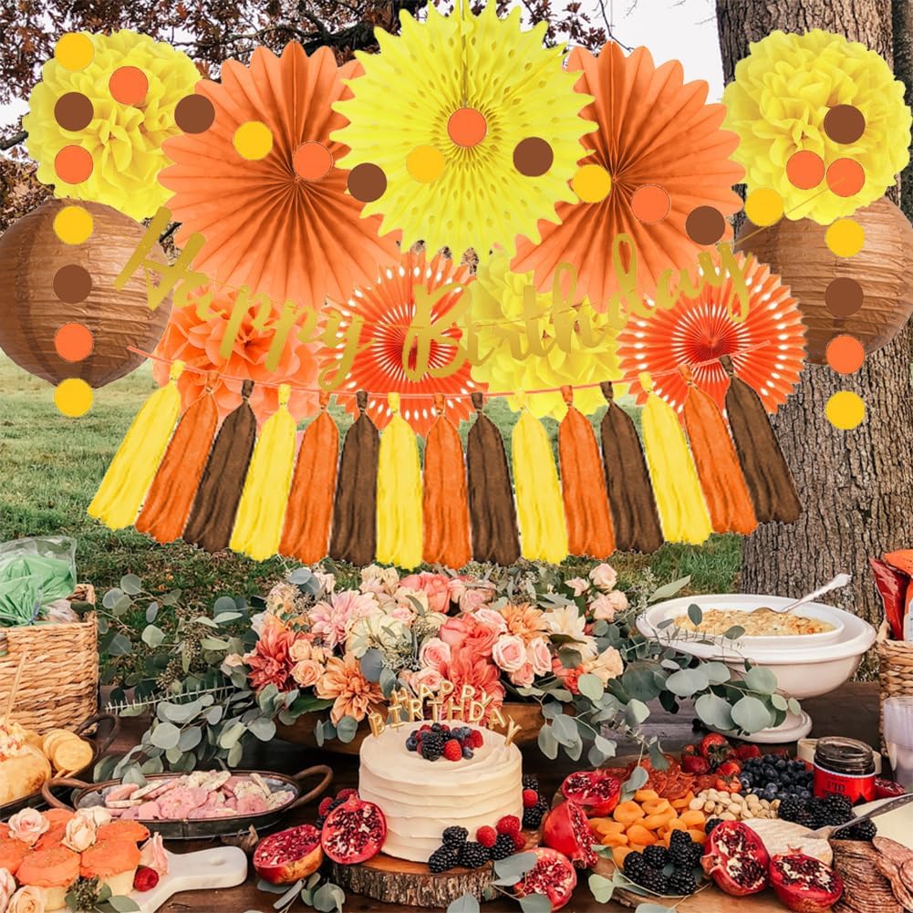 Decoraciones de fiesta de cumpleaños de otoño, abanicos de papel naranja y amarillo, pompones de papel, faroles de papel marrón, borla de papel,