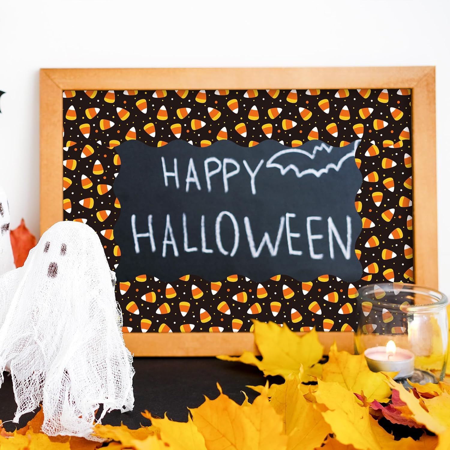 Whaline Tablero de anuncios de Halloween de 32.8 pies con borde troquelado de maíz de caramelo, borde festoneado para aula, decoración para la