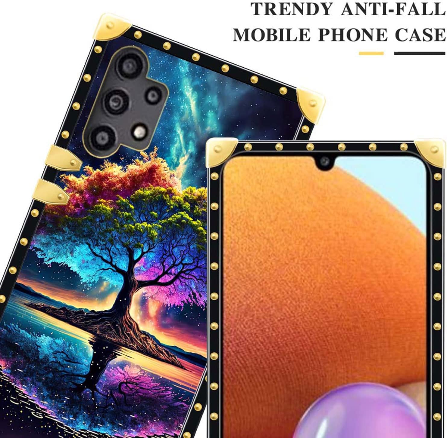 DAIZAG Funda de teléfono para Samsung Galaxy A32 4G Life Tree Energy Funda de teléfono cuadrado dorado suave TPU a prueba de golpes funda protectora