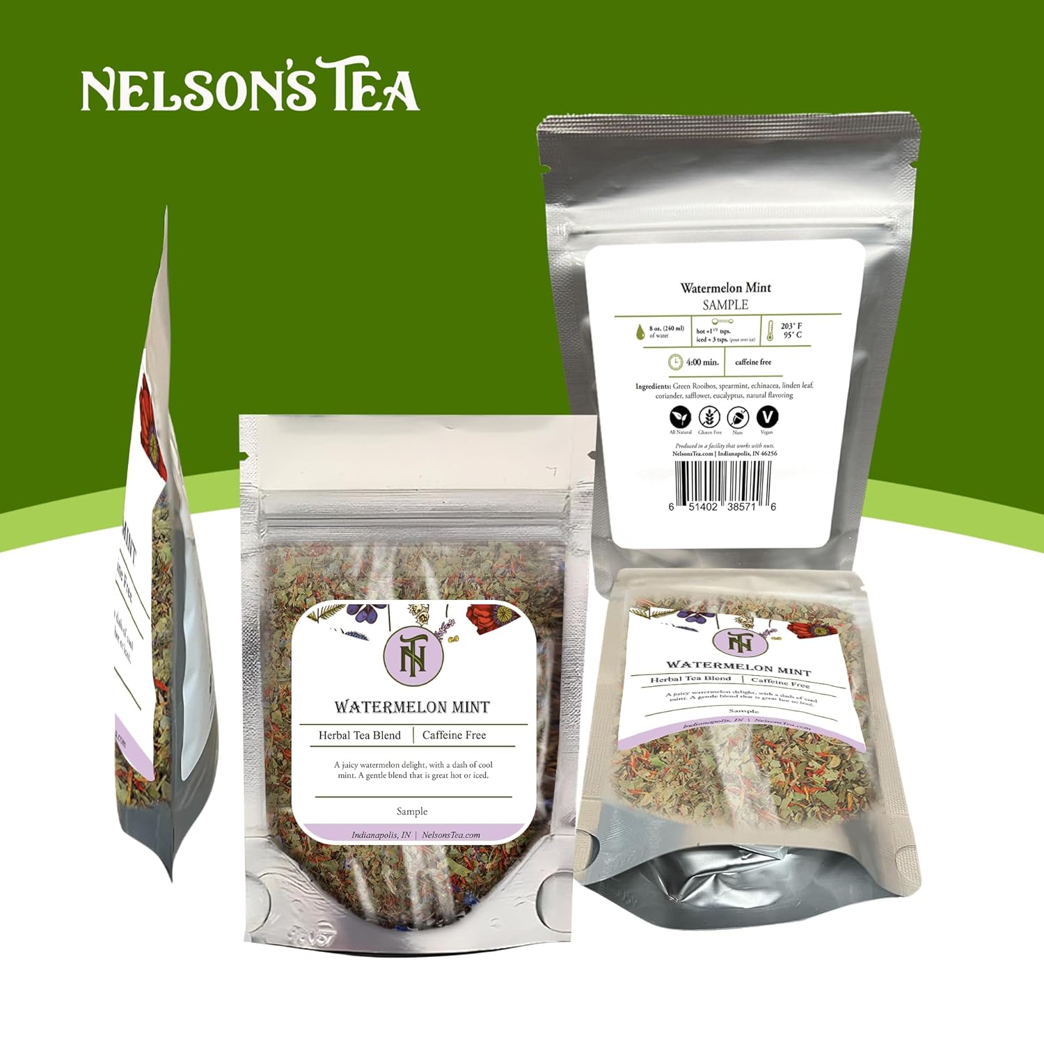 Nelson’s Tea – Menta de sandía – Rooibos verde, menta verde, equinácea, hoja de tilo, cilantro, cártamo y eucalipto (muestra)
