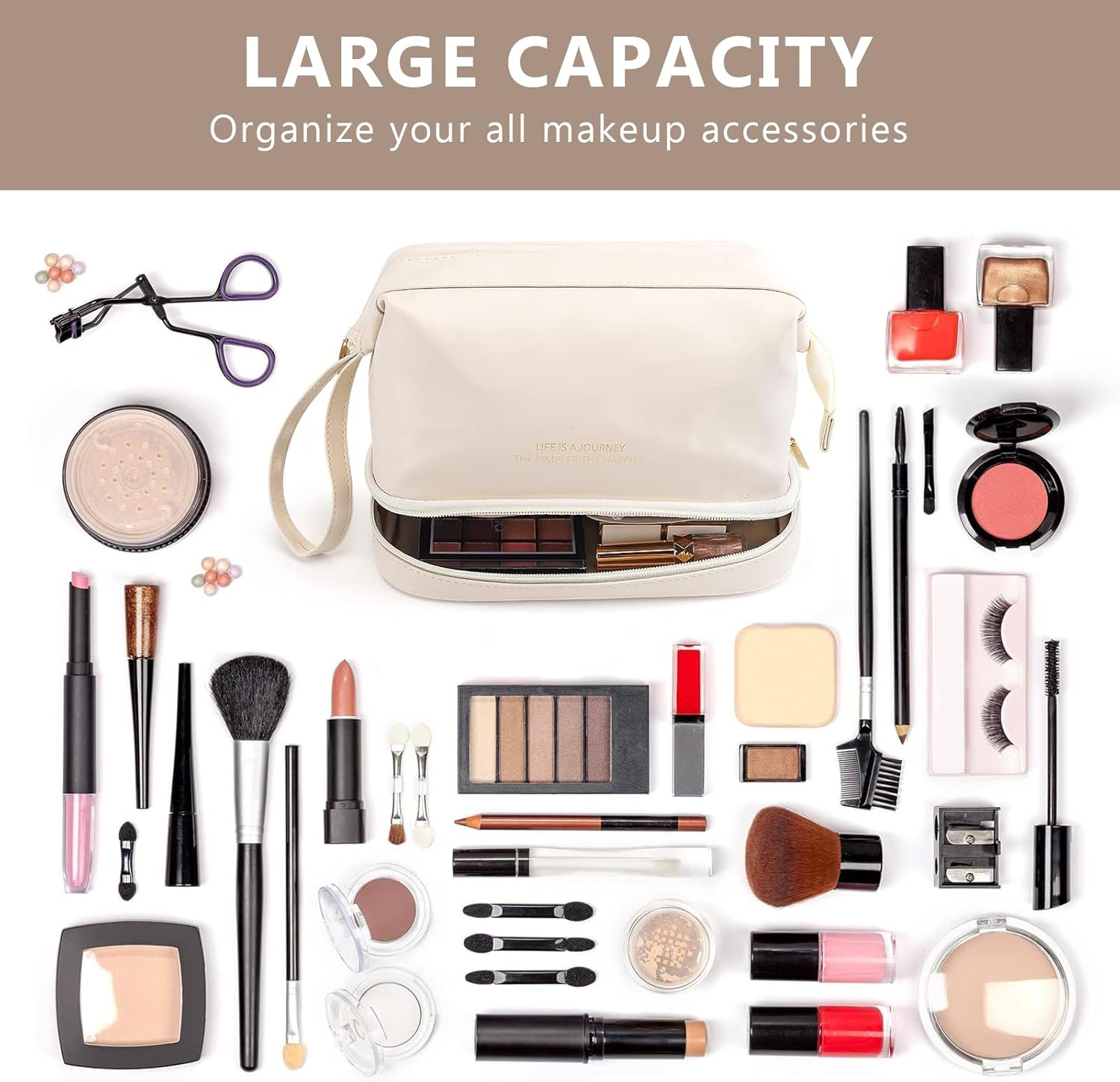Bolsa de maquillaje de viaje impermeable, bolsa de maquillaje portátil con cordón, bolsa de maquillaje de viaje grande de doble capa, bolsas de