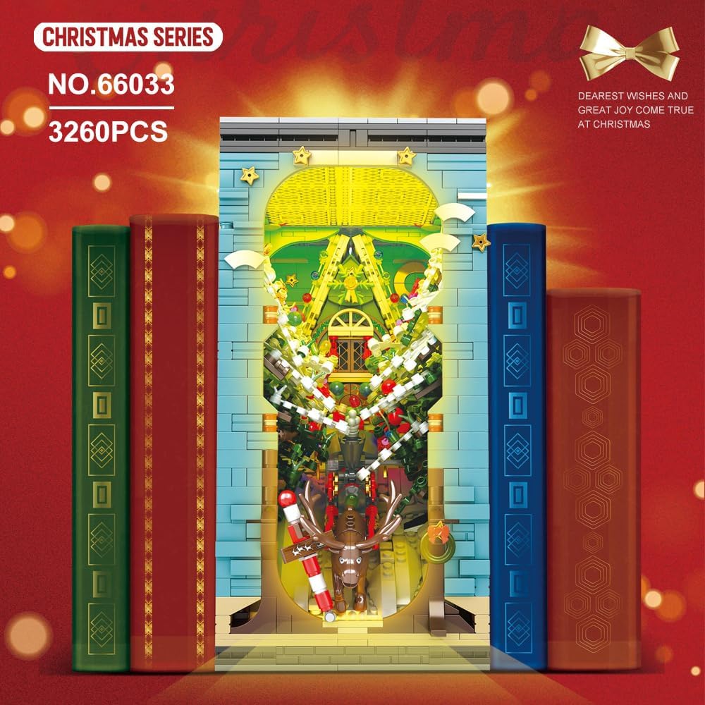MISINI Bloques de construcción de tren de Navidad 3D 66033 2023, 3260 piezas, sujetalibros de árbol de Navidad, alce, libro de bloques con luz LED,