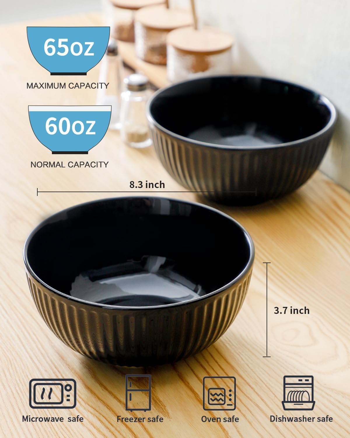 Hasense Juego de 2 cuencos grandes de porcelana de 65 onzas para ensalada de 8 pulgadas para cocina, comedor, elegantes platos de cerámica acanalada