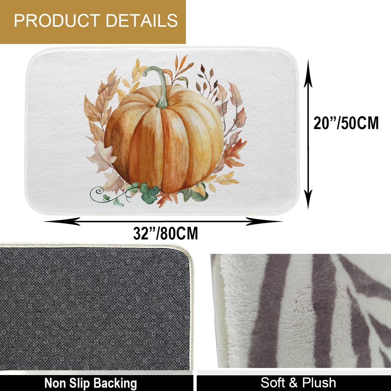 Alfombra de baño de otoño con calabaza naranja, hojas de arce, antideslizante, 20 x 32 pulgadas, alfombra de baño suave de cosecha de otoño,