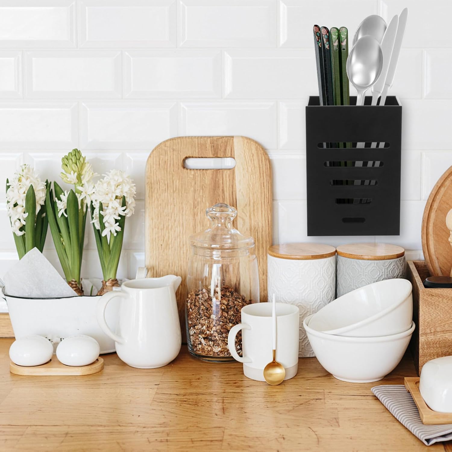 UPKOCH Soporte de plástico para cubiertos de pared, soporte para utensilios de cocina, palillos colgantes, estante de secado, tenedor, escurridor,