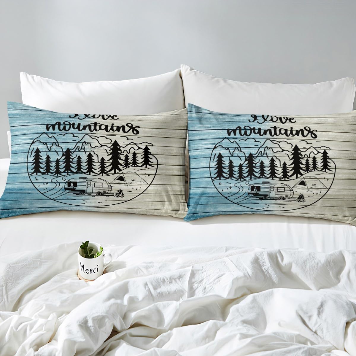 Camper Decor Sábanas de cama Happy Camping, sábana bajera ajustable de campamento con juego de cama de montaña, juego de cama de verano para