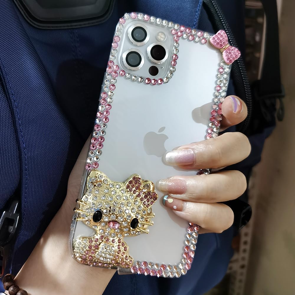 Victor – Funda de silicona para mujer con diamantes de imitación brillantes para iPhone 14, 13, 12, 11, Hello KT, carcasa de silicona (iPhone 12