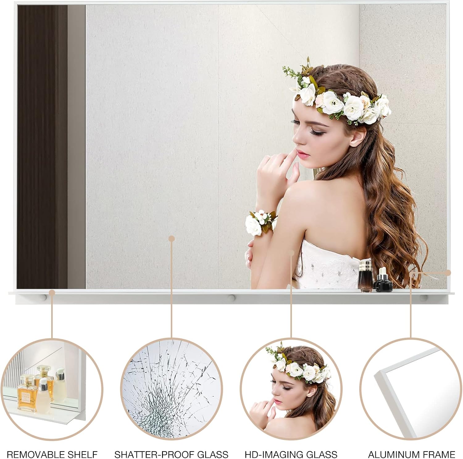 PetusHouse – Espejos rectangulares enmarcados de 48 x 32 pulgadas con estante extraíble, espejo de pared moderno para baño, dormitorio, sala de