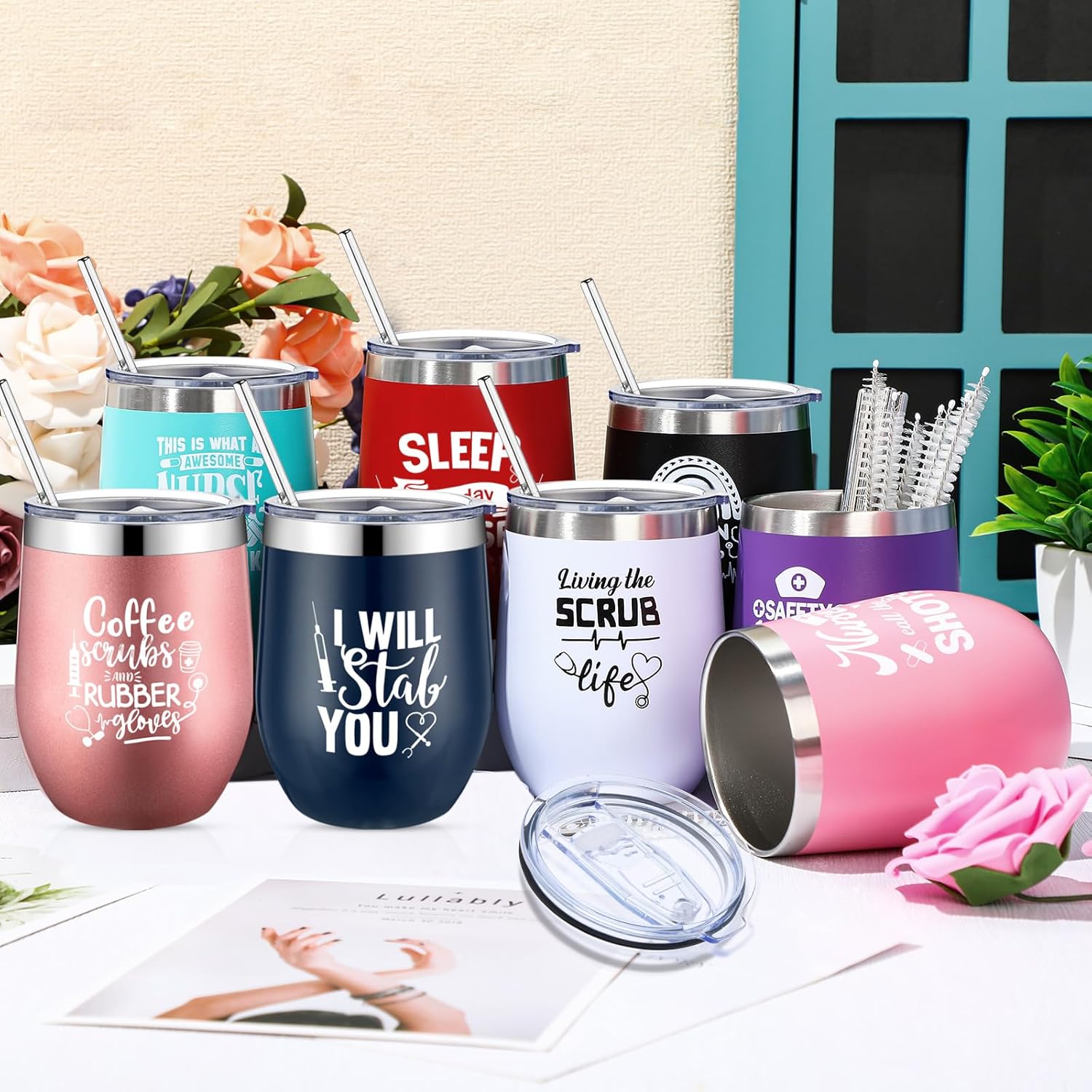 Zubebe 8 vasos para enfermeras con tapa con pajilla, taza de café de enfermería de acero inoxidable, botella de agua para enfermera, divertido