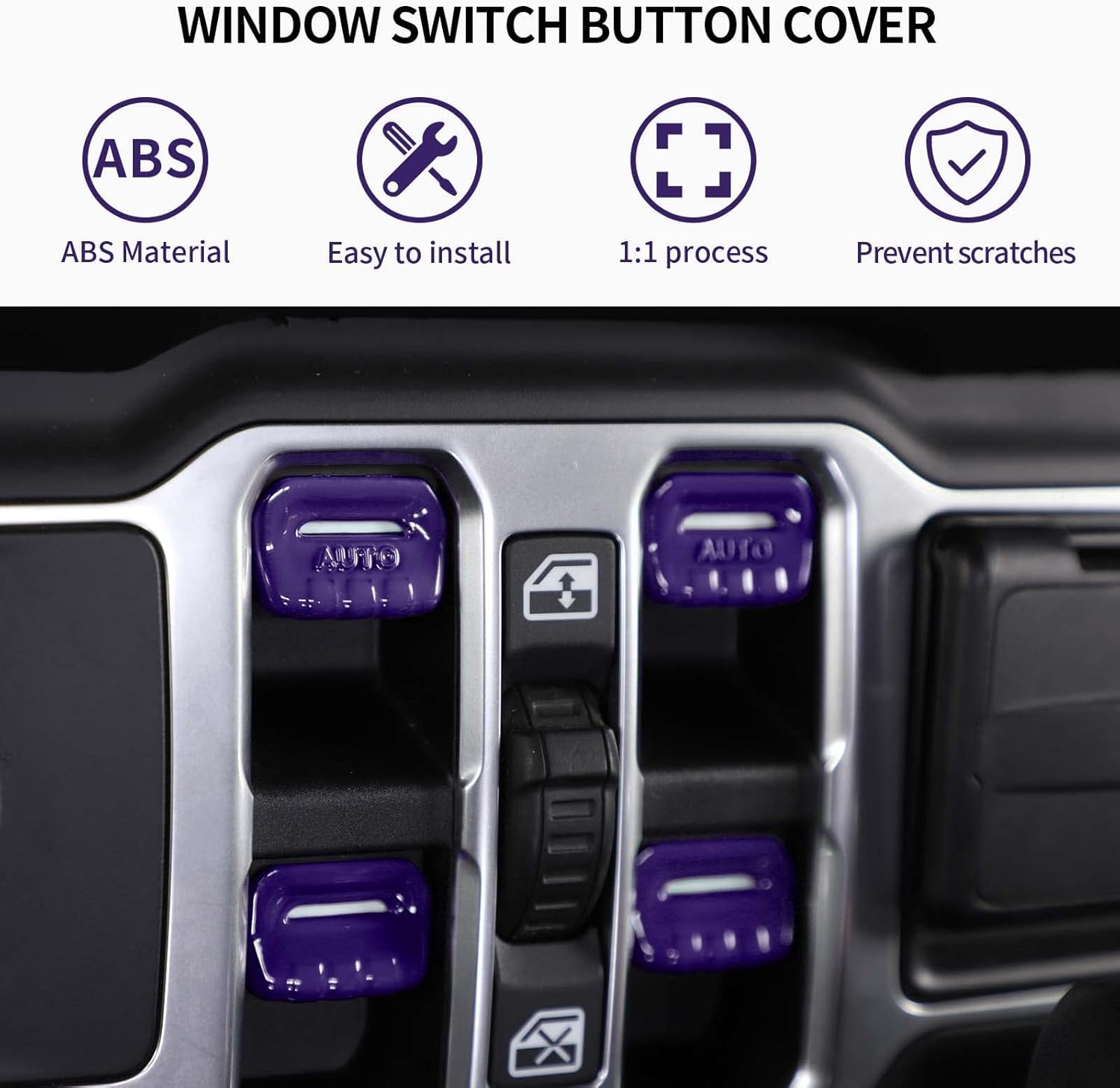 SQQP Cubierta del botón del interruptor de ventana, accesorios interiores para Jeep Wrangler JL JLU y Gladiator JT 2018-2021 (morado)