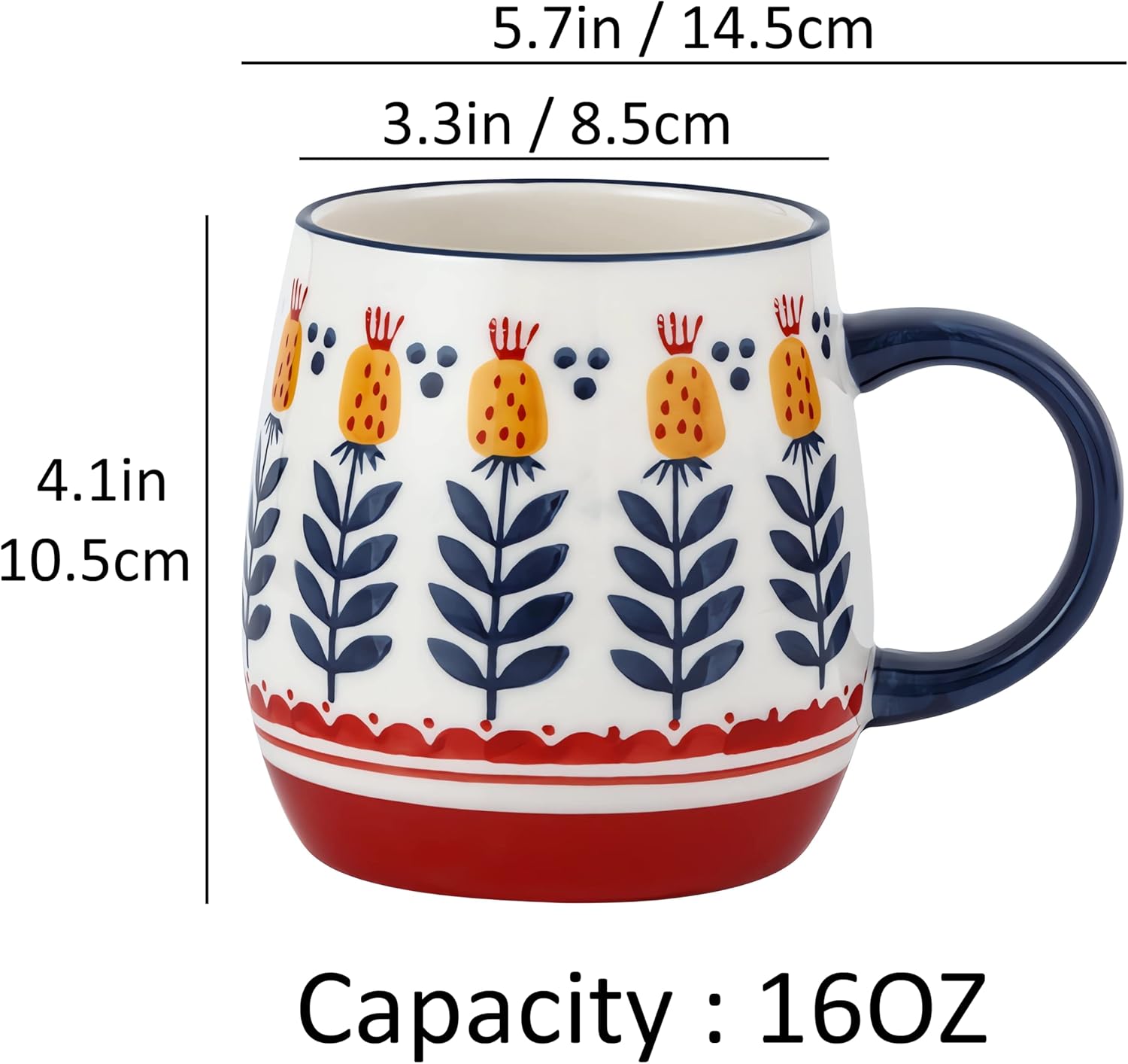 Juego de 2 tazas de café de cerámica de 16 onzas, diseño de flores, taza de café de cerámica para té con leche, capuchino, el mejor regalo de