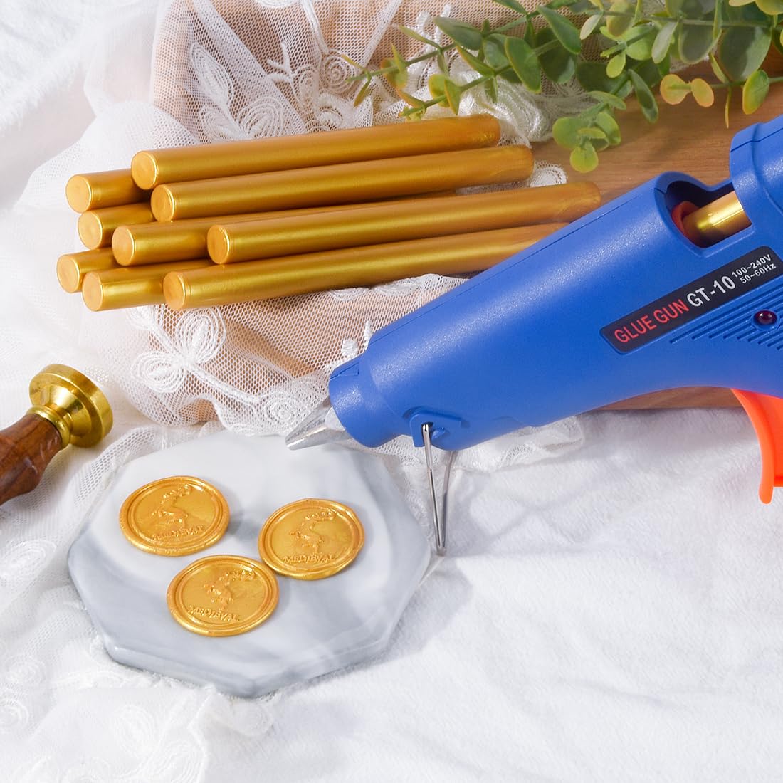 Kit de sellado de cera con pistola de cera y 10 varillas grandes de sellado de cera dorada, para hacer sellos de cera para sobres, invitaciones de