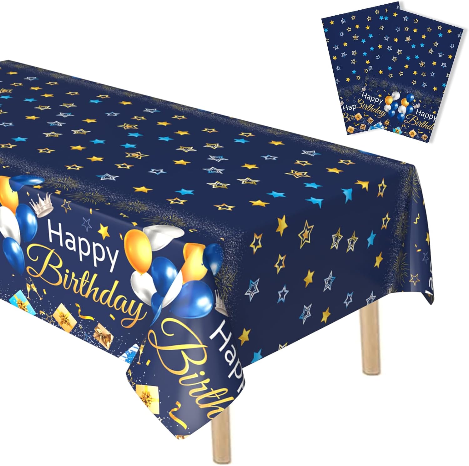 FunHot Manteles de cumpleaños, decoración de cumpleaños azul marino y dorado, 2 piezas de 54 x 108 pulgadas, impermeables, rectangulares, para