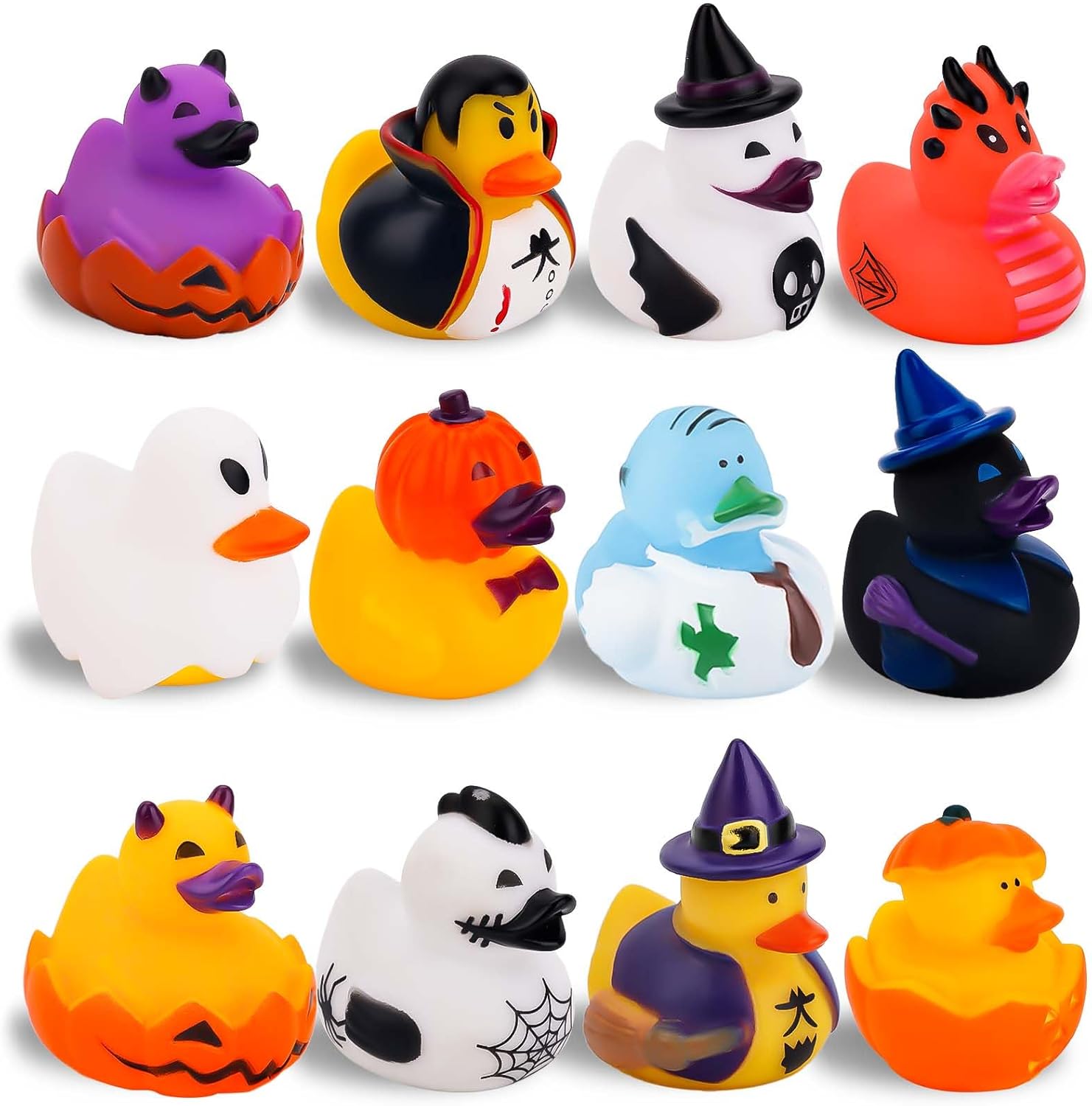 12 patos de goma de Halloween, patos de goma con temática de Halloween, juguete de pato de baño surtido, juguetes divertidos de pato para decoración