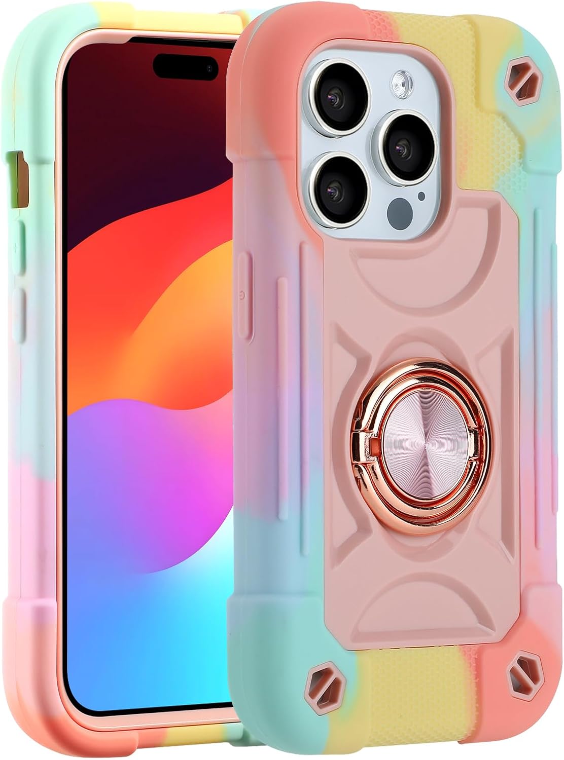 MARKILL Funda compatible con iPhone 15 Pro Max de 6.7 pulgadas con soporte de doble anillo, funda resistente de grado militar a prueba de golpes