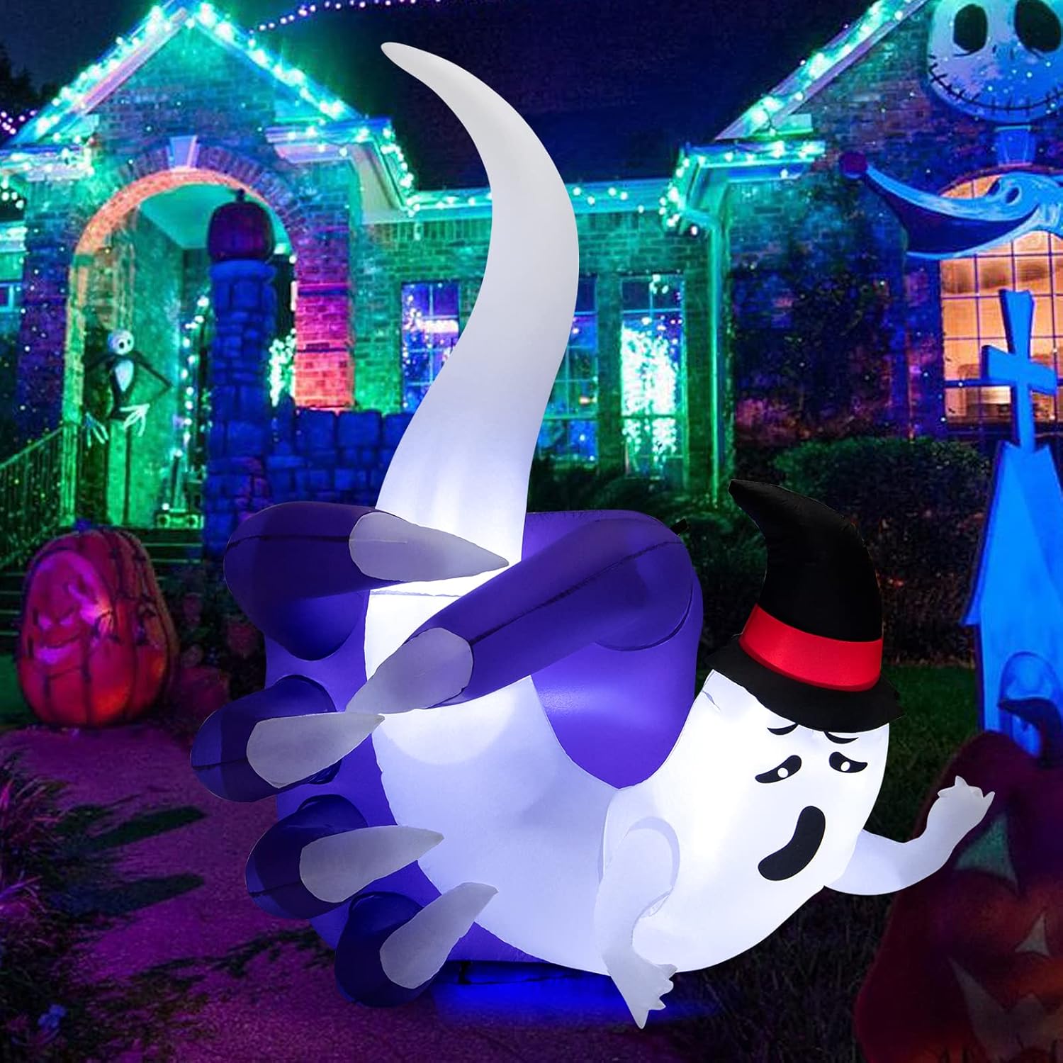 COSTWAY Mano inflable de Halloween de 6 pies para sostener el fantasma con LED integrado y soplador de aire
