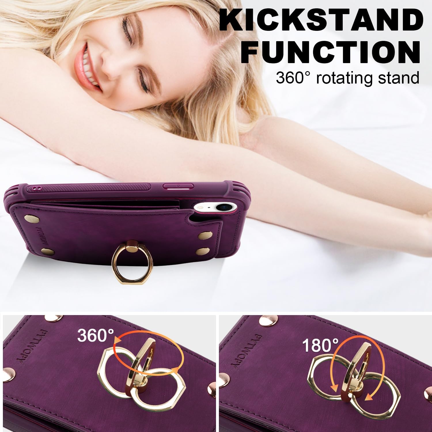 Funda tipo cartera para iPhone XR10R con tarjetero de crédito, funda protectora de cuero a prueba de golpes compatible con anillo de rotación de 360