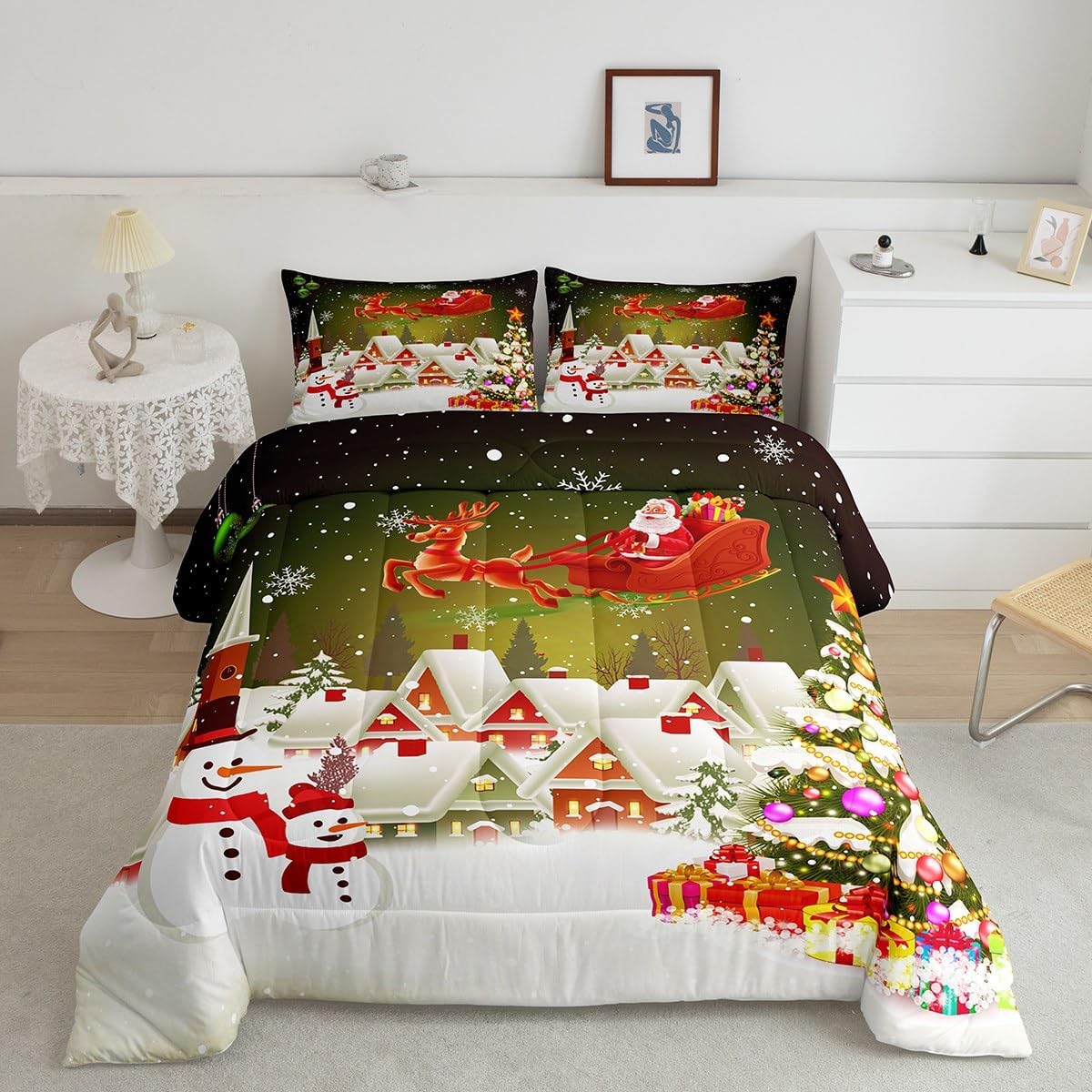 Manfei Juego de edredón de Navidad, tamaño King, juego de edredón de árbol de Navidad, muñeco de nieve con 2 fundas de almohada, juego de ropa de