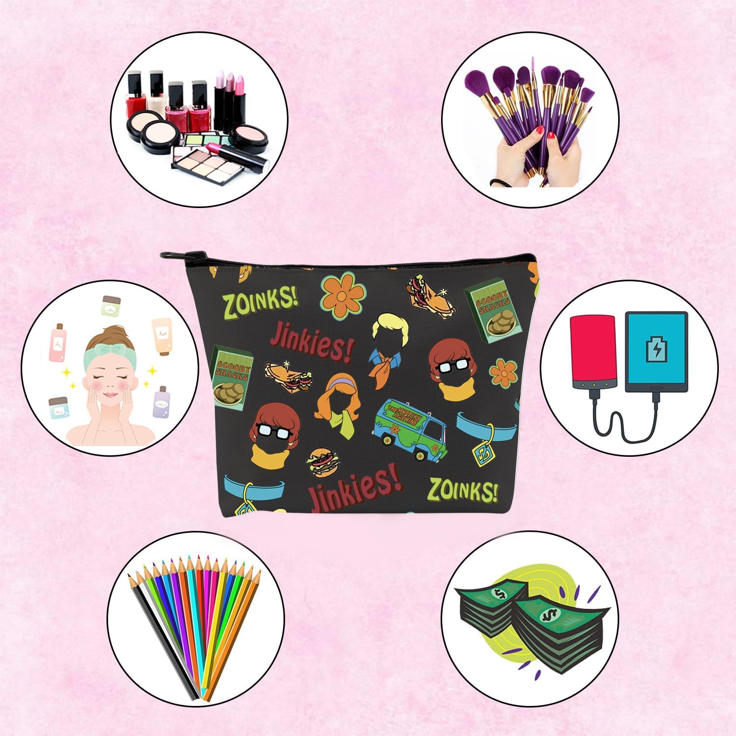 TSOTMO Bolsa de maquillaje de película de dibujos animados Regalo de máquina misteriosa Jinkies y Zoinks Bolsa de maquillaje con cremallera, Beige,