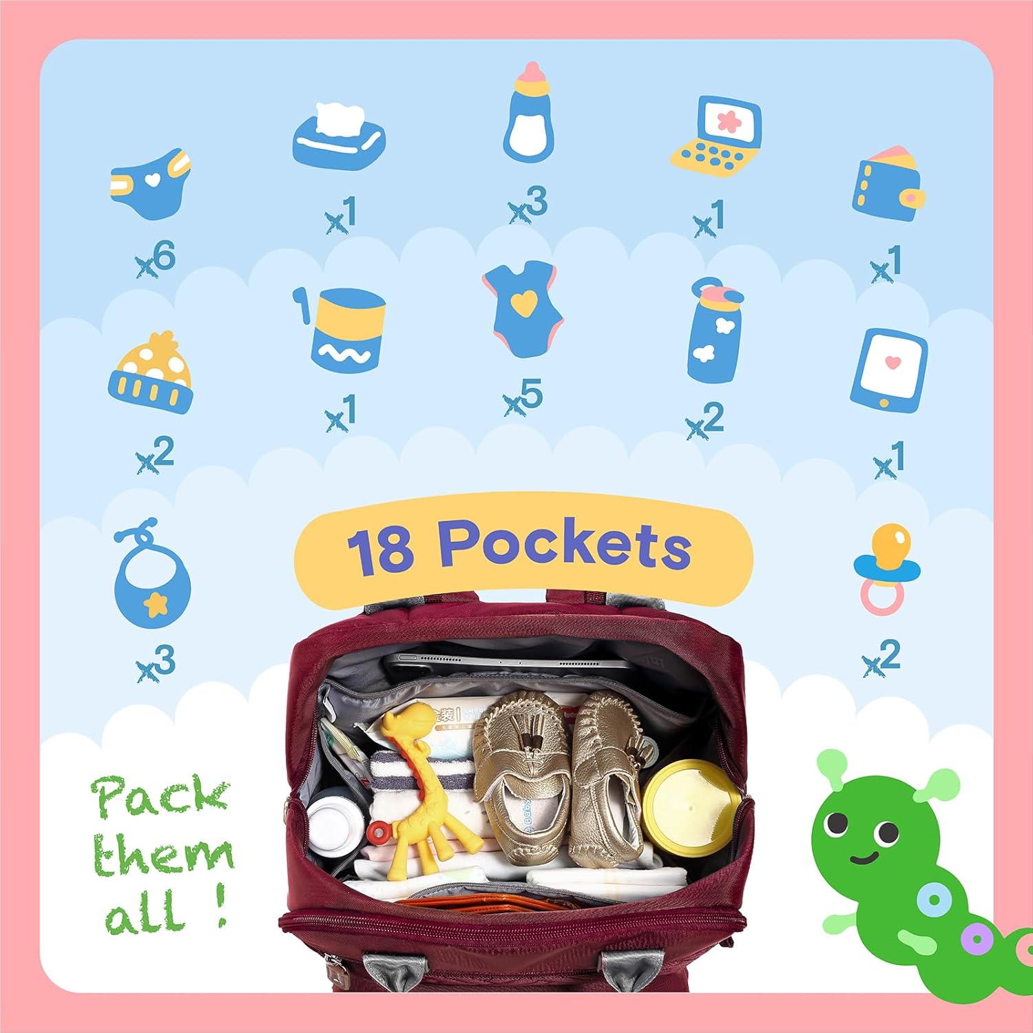 iniuniu Mochila para pañales, kit 4 en 1, bolsas de bebé unisex grandes para niños y niñas, mochila de viaje impermeable con bolsa para pañales,