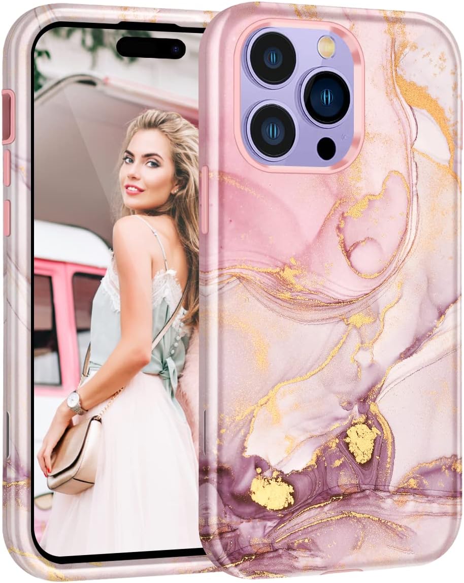 Funda para iPhone 14 Pro Max, patrones de mármol 3 en 1, policarbonato duro, TPU suave, parachoques de grado militar, cuerpo completo, a prueba de