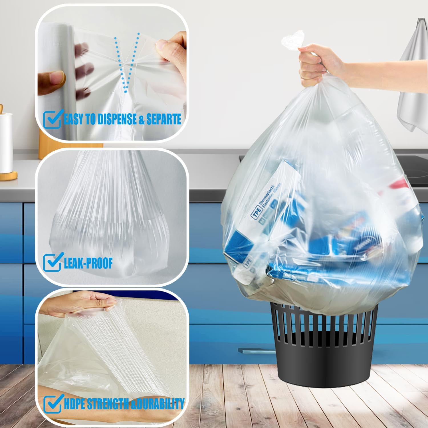 BEIDOU-PAC Bolsas de basura de 4 a 6 galones, 300 unidades a granel, bolsas de reciclaje de plástico transparente, bolsas de basura multiusos para