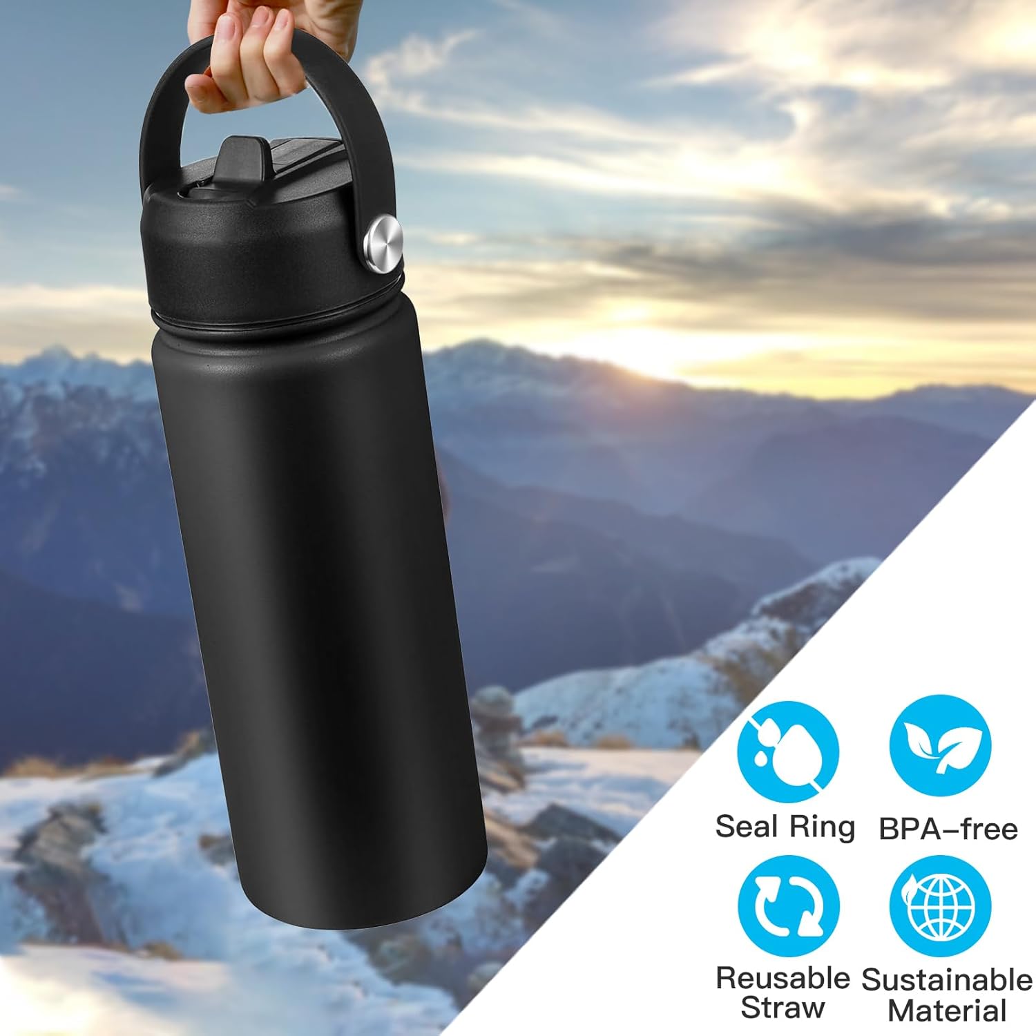 Vmini Tapa con popote, compatible con botella de agua de boca ancha Hydro Flask y más, tapa de popote con mango de goma giratorio, 2 popotes y 1