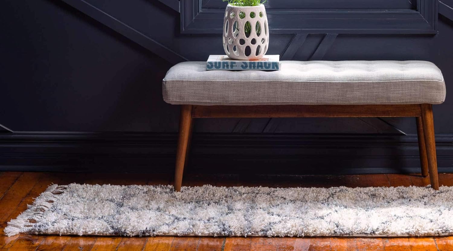 Unique Loom Hygge Shag Collection – Alfombra de área enrejado (2 pies 2 pulgadas x 6 pies 1 pulgada, color beige y gris)