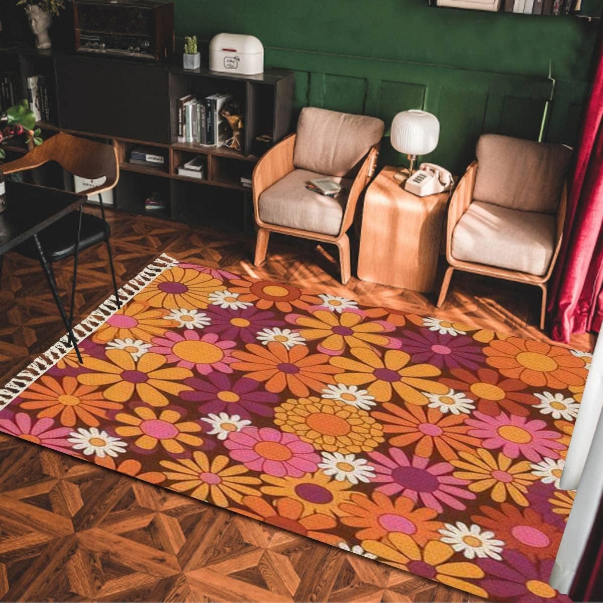 DGAIER Alfombra de área colorida floral sin costuras, diseño hippie estético, divertida alfombra tejida para patio, alfombra escandinava al aire
