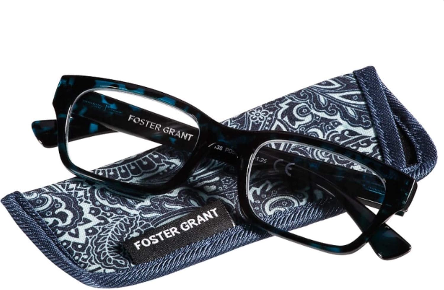 Foster Grant Mira Blue – Gafas de lectura para mujer, 1.25 con estuche suave