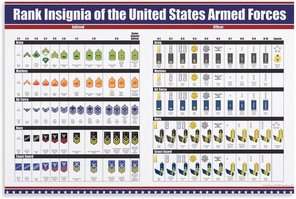 Póster de rango militar de Estados Unidos, póster de insignia de soldado y oficial estadounidense, ejército, cuerpo de marina, fuerza aérea,