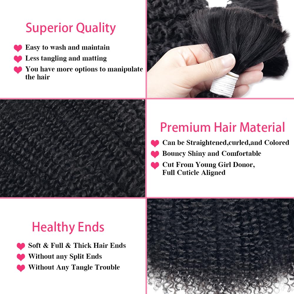 Nvnvdij Cabello humano rizado, húmedo y ondulado, cabello humano negro natural para trenzar, sin trama, 100% sin procesar, extensiones de cabello
