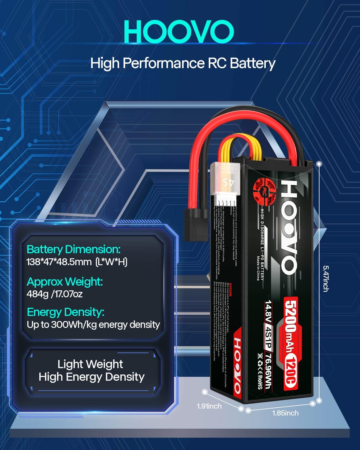HOOVO 4S Lipo Battery 14.8V 120C 5200mAh RC Car Battery Hard Case with TR Plug Compatible para 18 y 110 RC Car Buggy Truck Slash 4X4 Crawler Monster