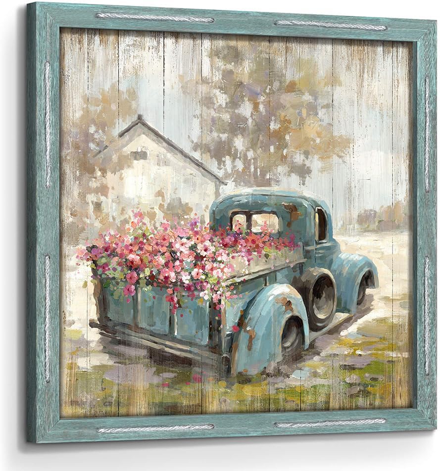 Arte de pared de granja Imagen de madera Granero de granja enmarcada decoración rústica paisaje de campo viejo camión con flores impresión campo