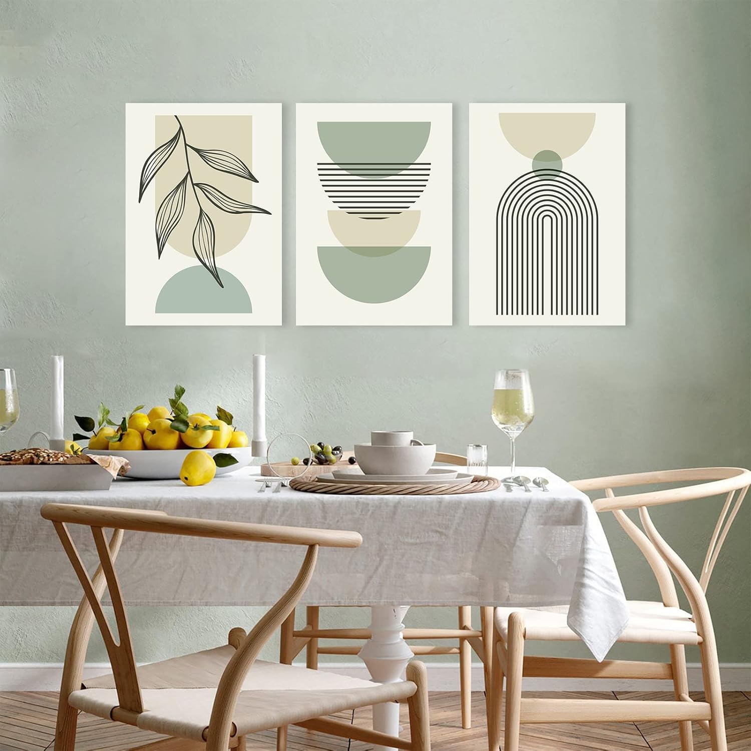 Juego de 3 arte de pared bohemio verde salvia, arte minimalista enmarcado para pared, arte de pared con líneas geométricas de hoja, lienzo beige y
