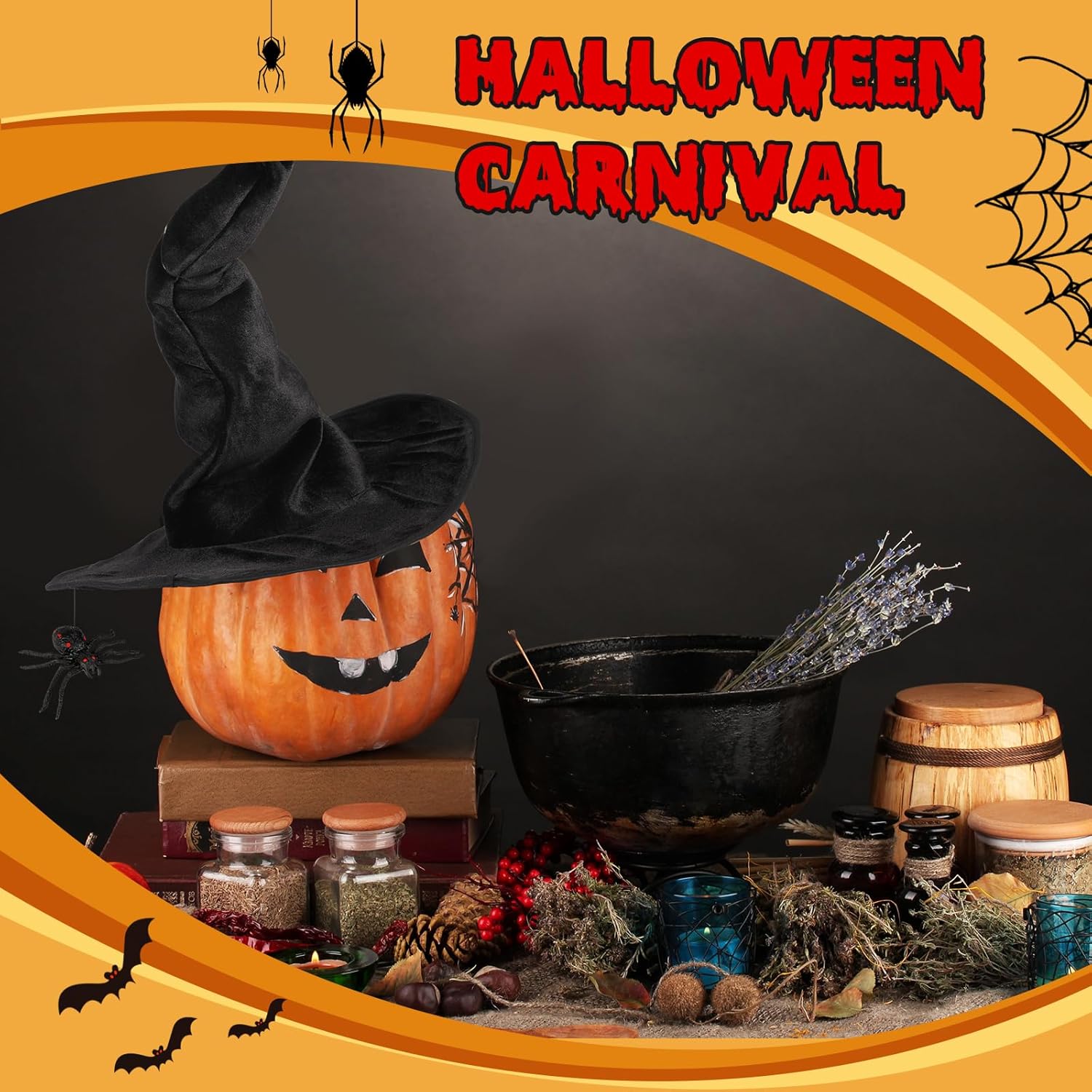 Geyoga Sombrero de bruja de araña de Halloween para mujer con 2 piezas de arañas negras de Halloween para fiesta de máscaras, cosplay, accesorio de