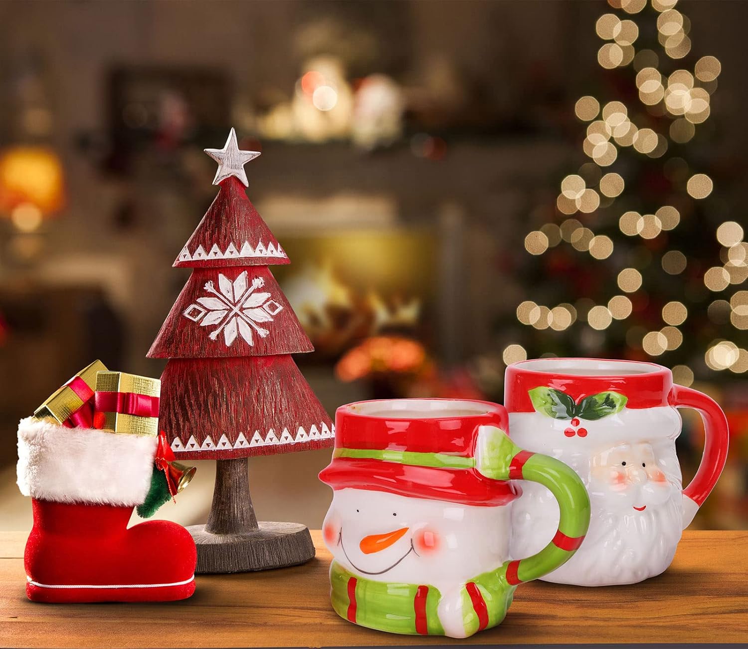 Whaline 2 tazas de Navidad, lindas tazas de Papá Noel, muñeco de nieve, tazas de café de vacaciones de invierno, regalo divertido para familiares,