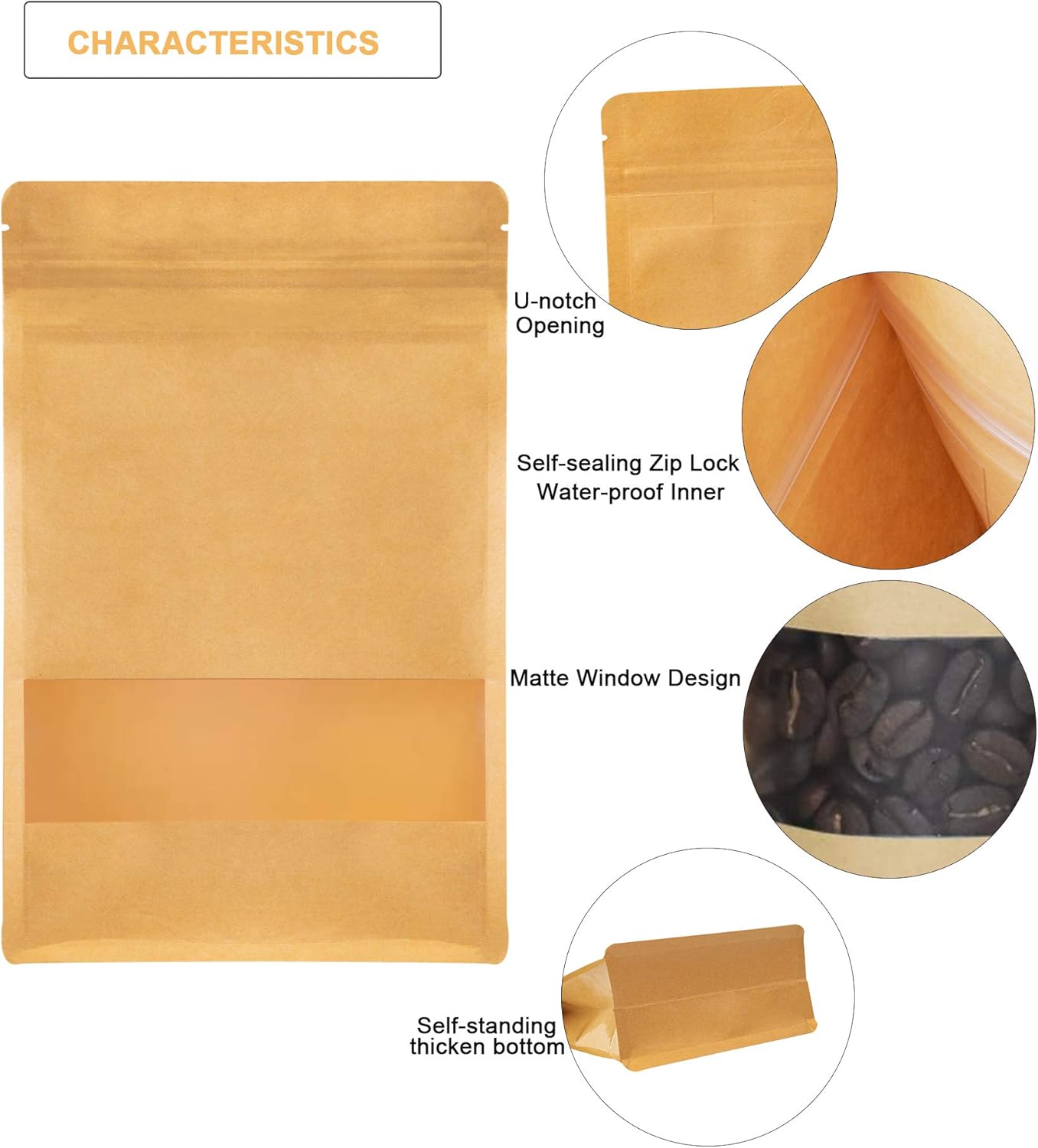 Bolsas de papel kraft de pie, reutilizables con cierre de cremallera y muesca transparente mate, bolsa de almacenamiento de alimentos resellable,
