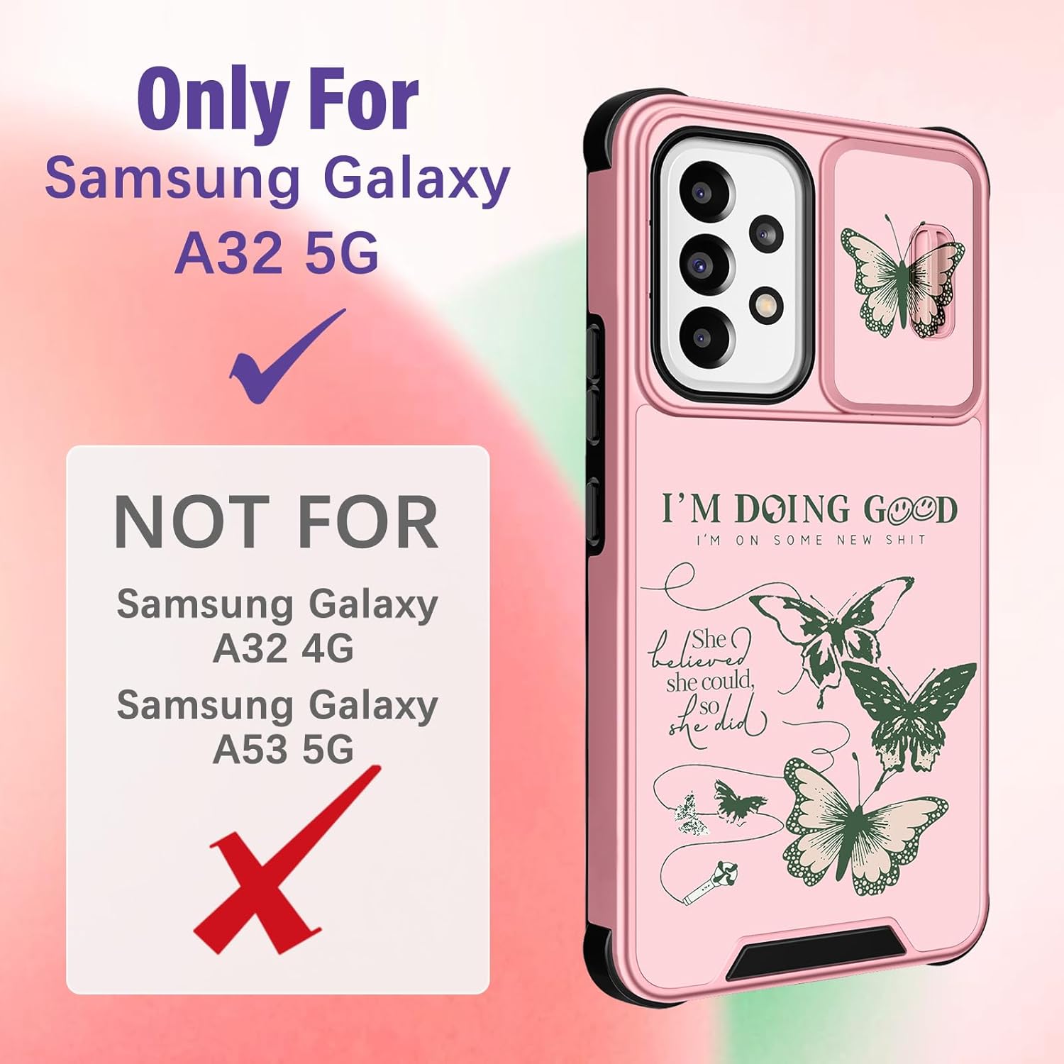 Funermei Funda 2 en 1 para Samsung Galaxy A32 5G para niñas, diseño de mariposa bonita, diseño femenino de mariposa, diseño único y verde con