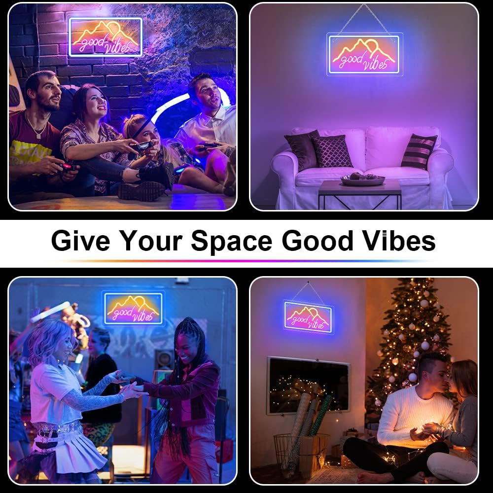 Good Vibes – Letrero de neón para decoración de pared, luz de neón con salida del sol y puesta de sol de montaña para decoración de pared, letrero